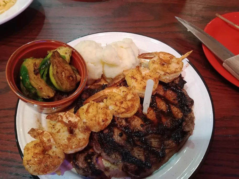 Surf and Turf with Mashed Potatoes and Brussels Sprouts